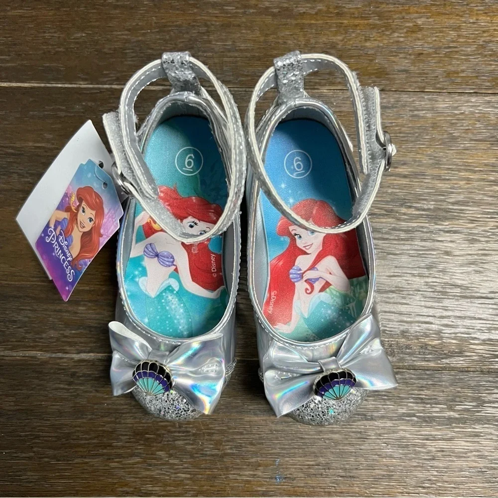 Girls Disney Princess Ariel Ballet Shoes Silver Glitter Heels Size 6